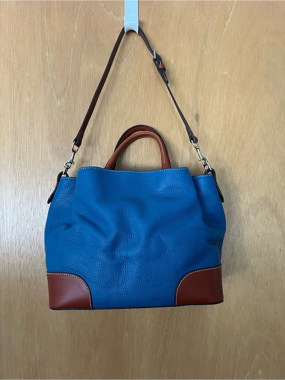 Dooney & Bourke Teal Blue Pebbled Leather Tote with Brown Trim - Picture 2 of 3